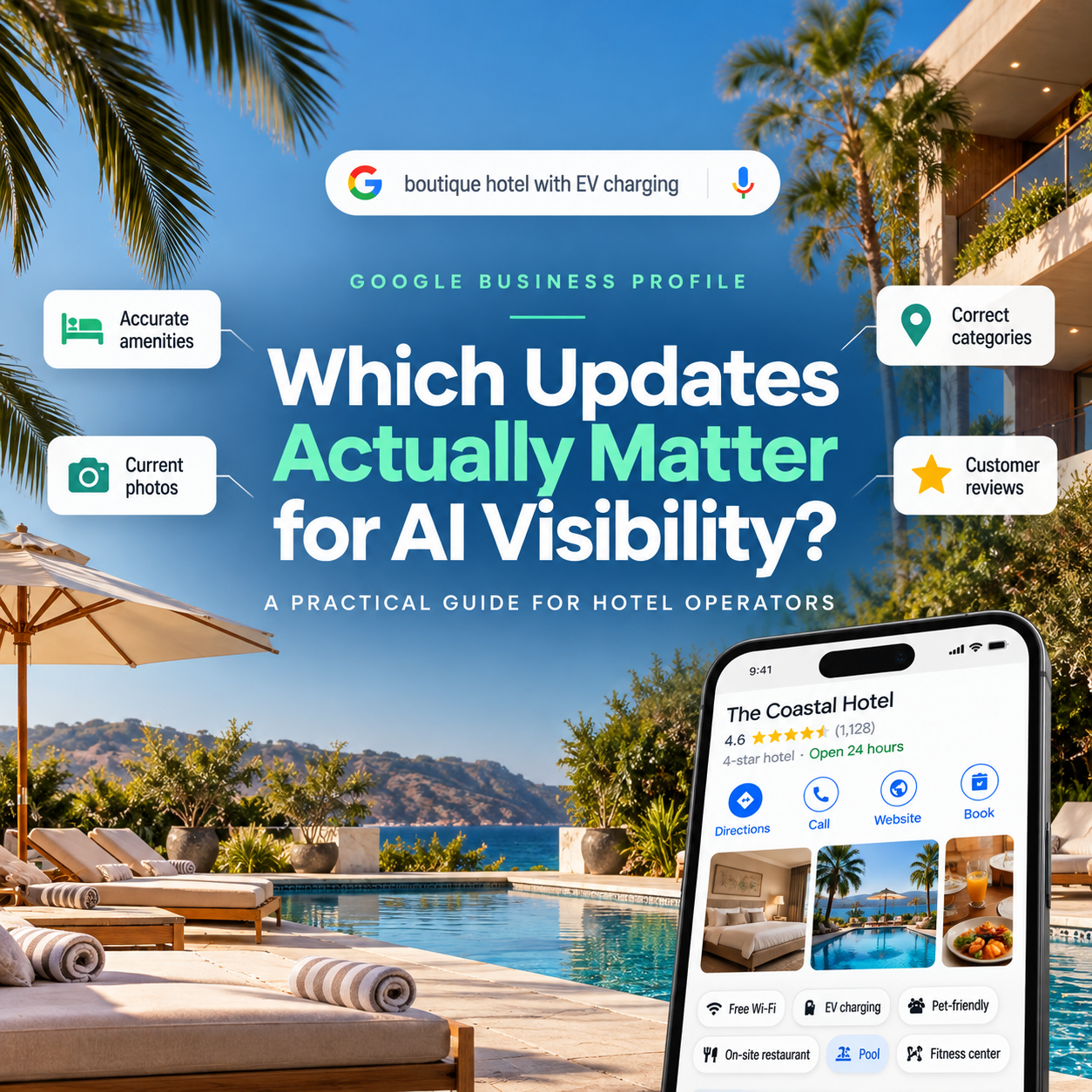 Hotel Google Business Profile optimization guide highlighting key updates for AI search visibility, including accurate amenities, business categories, current photos and customer reviews.